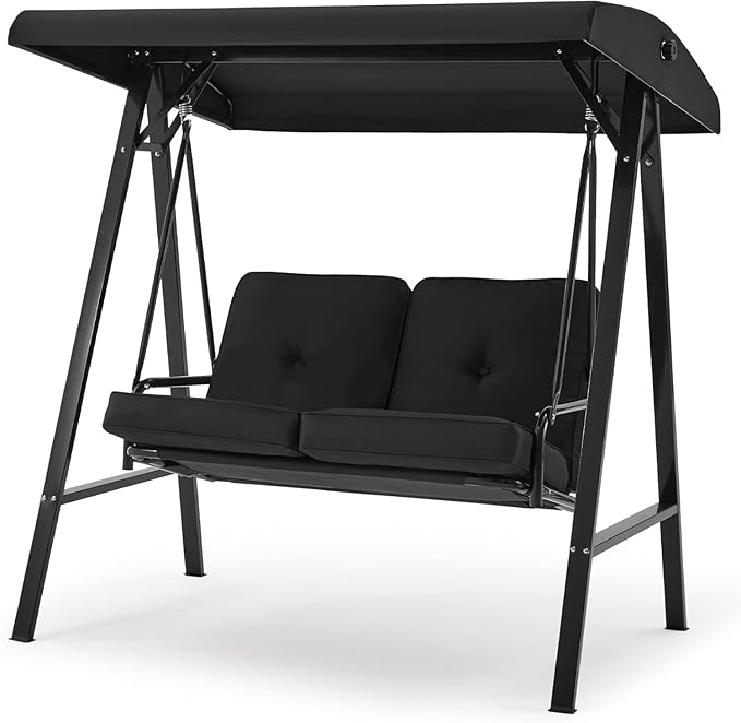 AECOJOY Outdoor Patio Swing Chair for Adults, 2-Seat Porch Swings with Adjustable Canopy, Outside Swing Bench with Removable Cushion, Suitable for Backyard, Garden, Yard, Poolside, Balcony (Black)