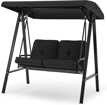 AECOJOY Outdoor Patio Swing Chair for Adults, 2-Seat Porch Swings with Adjustable Canopy, Outside Swing Bench with Removable Cushion, Suitable for Backyard, Garden, Yard, Poolside, Balcony (Black)