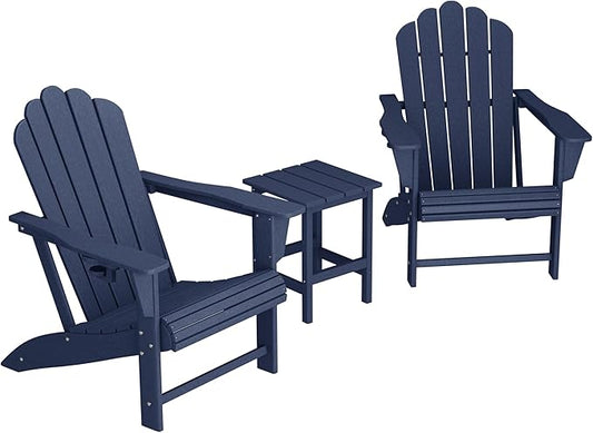 Costaelm Lakeview 3-Piece Outdoor Patio HDPE Adirondack Chair with Cup Holder and Table Set, Navy Blue