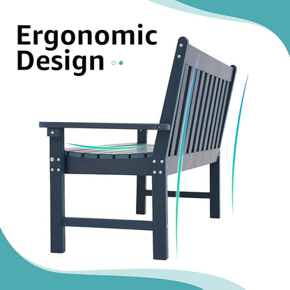 COBANA Outdoor Garden Bench, All Weather HDPE Patio Porch Bench with Faux Wood Grain Pattern, 2-Person Seat for Lawn, Park, Backyard, Entryway, Navy Blue