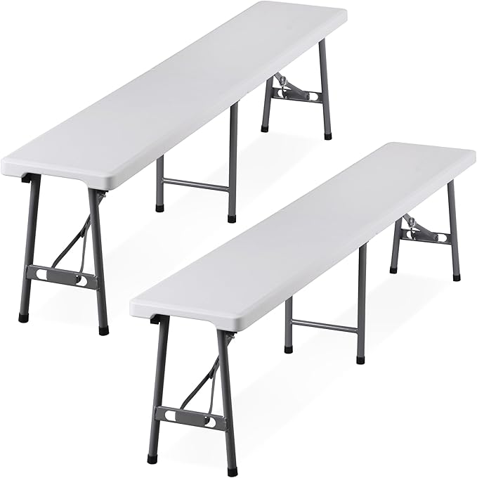 SUPER DEAL 6 FT Plastic Folding Bench, Portable Outdoor Bench with Handle & Non-Slip Mat, Waterproof Dining Seat for Picnic Party Garden Camping Soccer Field, 2 Pack, White