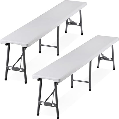 SUPER DEAL 6 FT Plastic Folding Bench, Portable Outdoor Bench with Handle & Non-Slip Mat, Waterproof Dining Seat for Picnic Party Garden Camping Soccer Field, 2 Pack, White