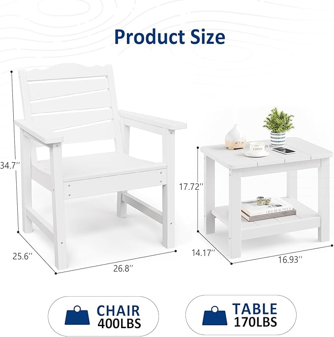 Patio Chairs Set, 3 Pieces Weatherproof HIPS Outdoor Furniture, Patio Chairs Conversation Sets with Side Table for Garden Porch Lawn & Backyard(White)