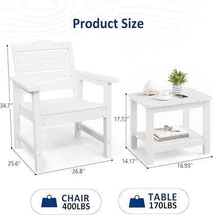 Patio Chairs Set, 3 Pieces Weatherproof HIPS Outdoor Furniture, Patio Chairs Conversation Sets with Side Table for Garden Porch Lawn & Backyard(White)