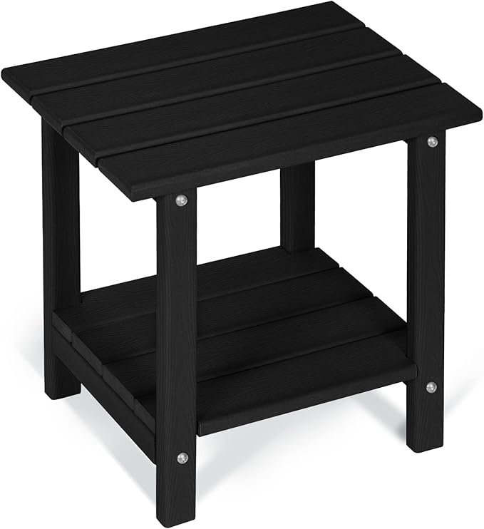 Adirondack Outdoor Side Table with Wood-Like Grain, 16.6" Small Patio End Table, 2-Tier HDPE Plastic Table for Poolside Porch Garden, Weather Resistant & Easy Assembly (Black, Rectangle)