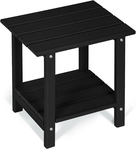 Adirondack Outdoor Side Table with Wood-Like Grain, 16.6" Small Patio End Table, 2-Tier HDPE Plastic Table for Poolside Porch Garden, Weather Resistant & Easy Assembly (Black, Rectangle)