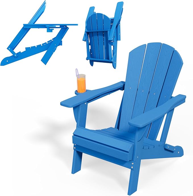 Folding Adirondack Chairs with Cup Holders, Set of 4 HDPE Plastic Outdoor Chairs, Weather Resistant, Real Wood Look - Photo 4
