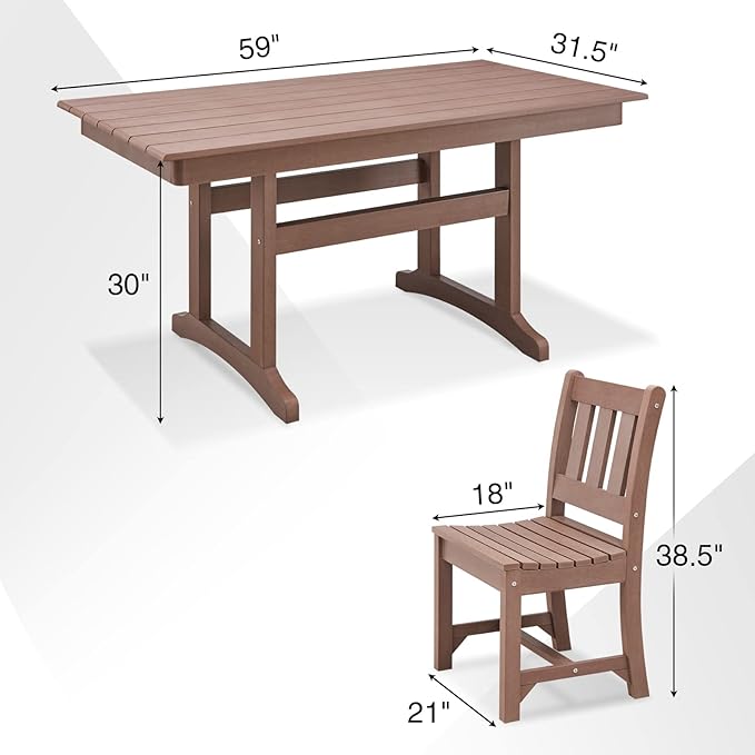 Psilvam Outdoor Dining Table, 6-Person Poly Lumber Patio Table, Weather Resistant Outdoor Table That Never Rust, Suitable for Garden & Backyard, Net Weight 90 LBs (59" D x 31 1/2" W x30 H, Brown)
