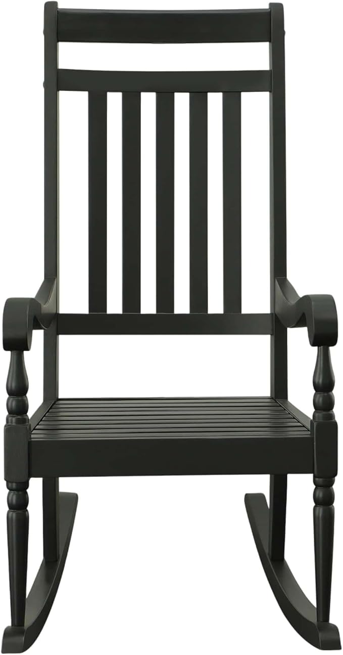 Carolina Chair & Table Belmont Outdoor Rocking Chair – Solid Wood Porch Rocker with Slat Back, Weatherproof Black Finish - Comfortable Armrests, Rustic Patio Garden Balcony Deck Seating Furniture