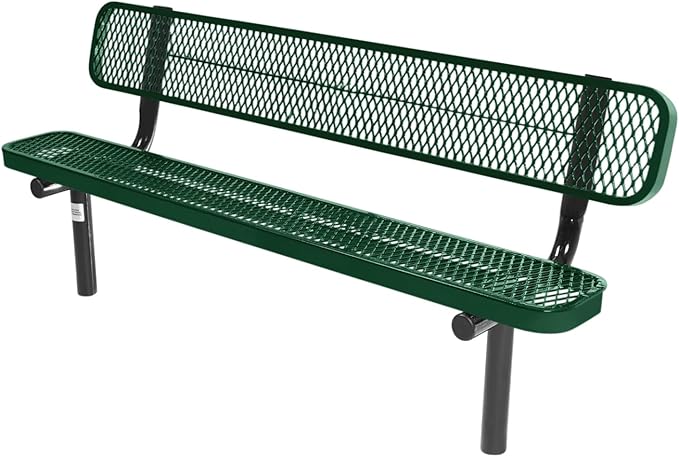 COATEDOUTDOORFURNITURE Coated Outdoor Furniture Heavy-Duty Outdoor Bench Thermoplastic Coated, Expanded Metal, Commercial-Grade Seating, Made in America (Inground with Back, 6 Ft, Green)