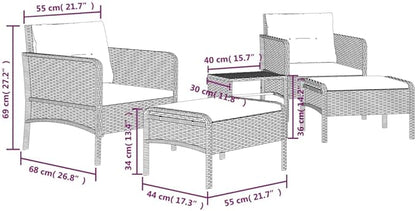vidaXL 5 Piece Patio Lounge Set - Gray Poly Rattan Outdoor Furniture with Metal Frame, Cushioned Chairs, Stools & Table - Industrial Look for Garden & Terrace
