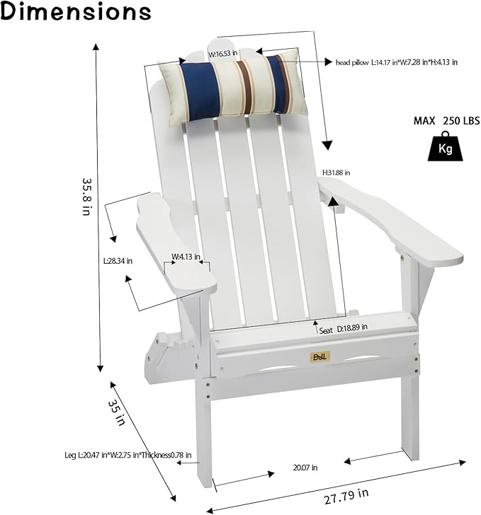 White Adirondack Chairs Set of 2 Outdoor Patio Folding Lounge Wood Outside Deck, Porch, Lawn, Pool, Yard, Garden, Fire Pit, Heavy Duty