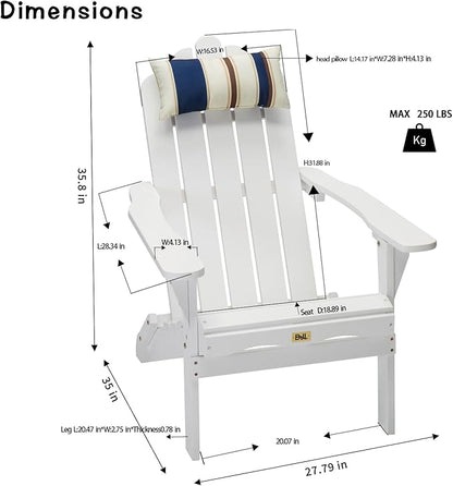 White Adirondack Chairs Set of 2 Outdoor Patio Folding Lounge Wood Outside Deck, Porch, Lawn, Pool, Yard, Garden, Fire Pit, Heavy Duty