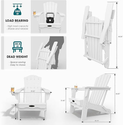Folding Adirondack Chair Set of 4,HDPE All-Weather Outdoor Chair with Cup Holder,Wooden Textured,Fire Pit Chair,Plastic Patio Chair for Deck,Backyard,Garden,Lawn(White)
