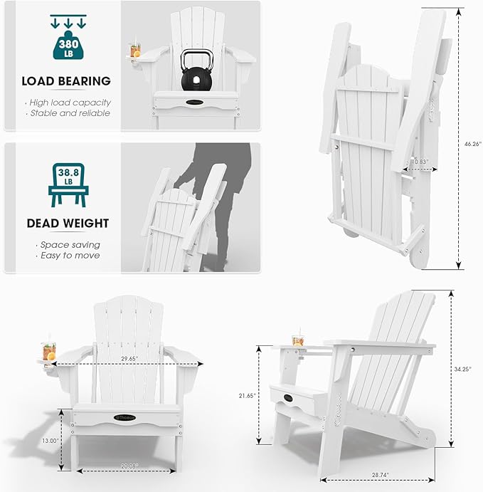 Folding Adirondack Chair Set of 2,HDPE All-Weather Outdoor Chair with Cup Holder,Wooden Textured,Fire Pit Chair,Plastic Patio Chair for Deck,Backyard,Garden,Lawn(White)