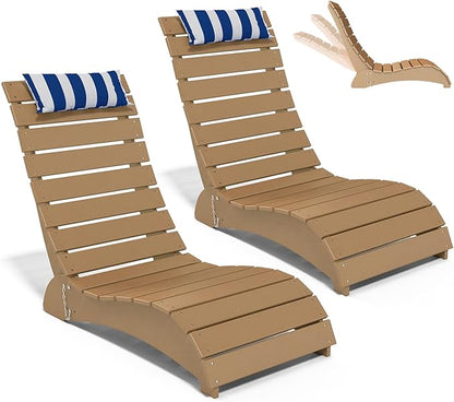 Pool Lounge Chairs Set of 2, HDPE Adjustable Chaise Chairs with Headrest, Weighted Fade-Resistant Pool Chairs and Lounger for Baja Ledge，Poolside and Deck, Teak