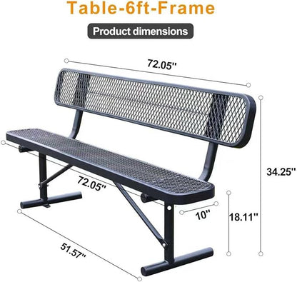 6 ft Outdoor Park Bench – Heavy-Duty Steel Frame & Rust-Resistant Thermoplastic Coating, Suitable for Gardens, Courtyards, Campuses, Commercial Spaces (Black, 6ft)