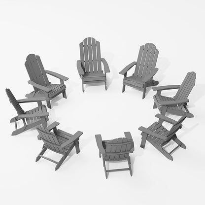 MXIMU Folding Adirondack Chair Set of 8 Weather Resistant Fire Pit Chairs Easy Assemble HIPS Plastic Outdoor Modern Adirondack Chairs for Patio, Lawn, Garden, Backyard, Deck(Grey)