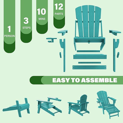 LOUNZY Folding Adjustable Adirondack Chair with Footrest Set of 4,HDPE Recliner Adirondack Chair with Cup Holder for Deck Lawn Fire Pit,Aruba