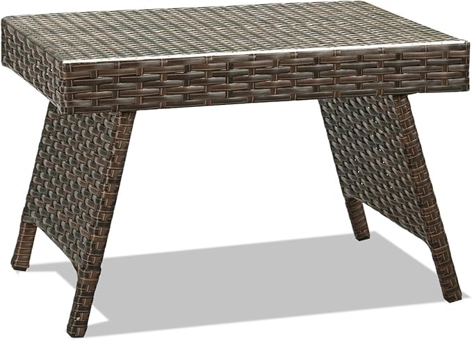 LDAILY Outdoor Side Table, Portable Wicker Coffee Table with Rattan and Steel Frame, All Weather Pre-Assembled Coffee Furniture, Standing Folding Patio for Courtyard, Poolside, Garden (Brown)