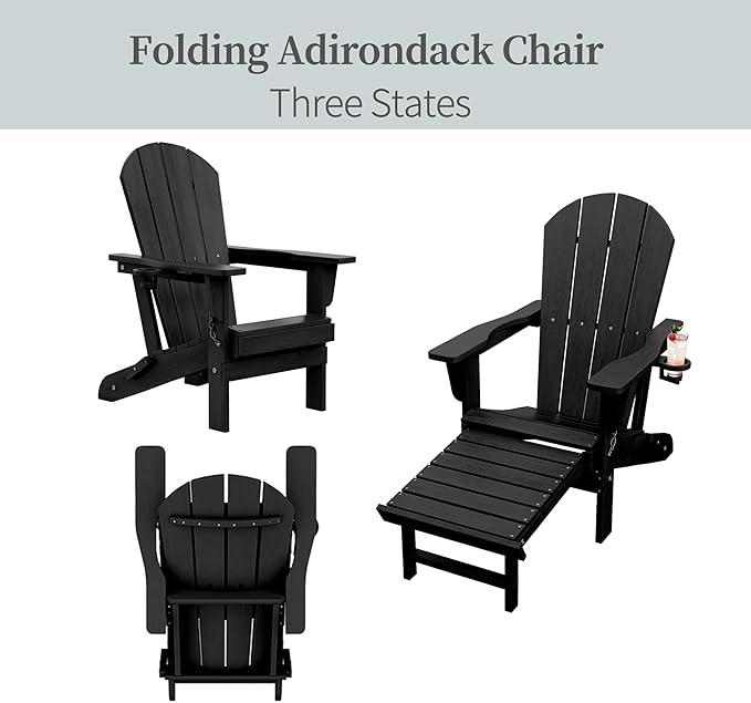 Folding Adirondack Chairs with Retractable Ottoman, HDPE Adirondack Chair with Cup Holder, All Weather Fire Pit Chair for Patio, Garden, Poolside (Two Chairs)