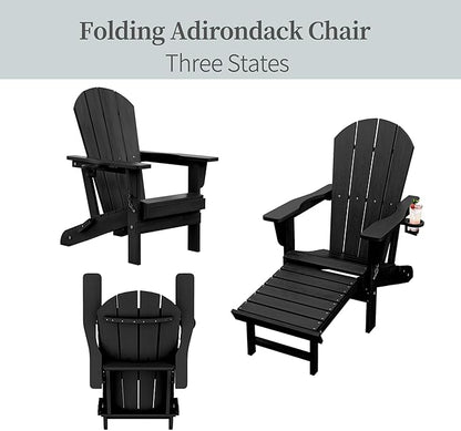 Folding Adirondack Chairs with Retractable Ottoman, HDPE Adirondack Chair with Cup Holder, All Weather Fire Pit Chair for Patio, Garden, Poolside (Two Chairs)
