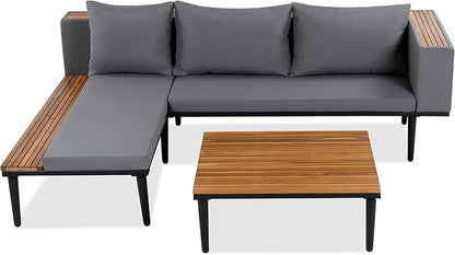 Modern Acacia Wood Patio Furniture Set with Removable Cushions, Coffee Table and Side Table, Outdoor L-Shaped Conversation Sectional Sofa for Backyard, Porch (Gray/L2)