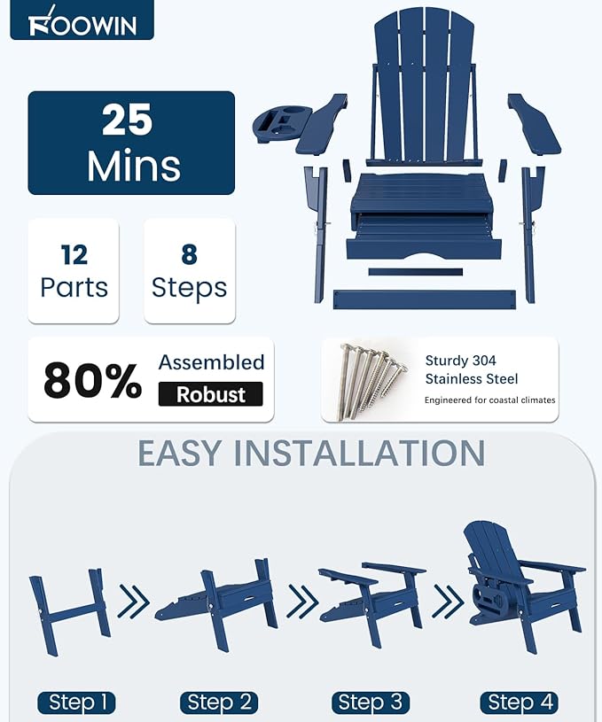 FOOWIN Folding Adjustable Adirondack Chair with Retractable Ottoman Set of 8, HDPE Adirondack Chair w/4 in 1 Cup Holder Trays,All-Weather Resistant Fire Pit Chair for Outdoor Patio Lawn, Navy Blue