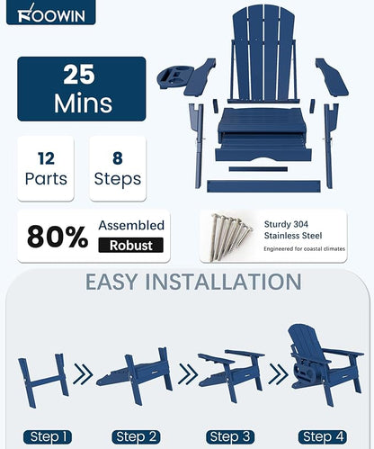 FOOWIN Folding Adjustable Adirondack Chair with Retractable Ottoman Set of 8, HDPE Adirondack Chair w/4 in 1 Cup Holder Trays,All-Weather Resistant Fire Pit Chair for Outdoor Patio Lawn, Navy Blue