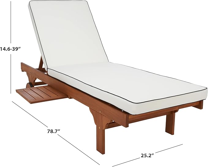 SAFAVIEH Outdoor Collection Newport Natural/Beige Cushion Black Piping Chaise Lounge Chair with Side Table