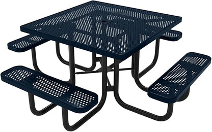 COATEDOUTDOORFURNITURE Heavy-Duty Portable Outdoor Picnic Table with Umbrella Hole, Punched Steel Commercial-Grade Patio Dining Furniture Made in America (46" Square Top, Dark Blue)