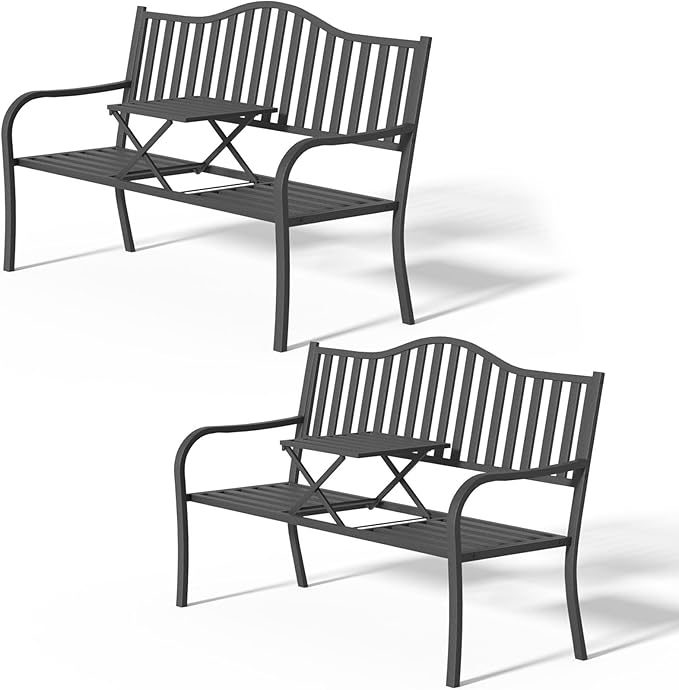 2 in 1 Metal Bench Patio Bench, Outdoor Benches Weatherproof with Folding Middle Table - Photo 1