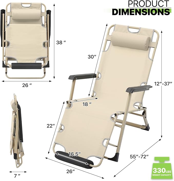 Magshion Folding Reclining 3-Position Patio Chair Outdoor Lounge Chair with Footrest Folding Portable Outside Recliner Chair for Poolside Backyard Beach, 330 lbs (Cream)