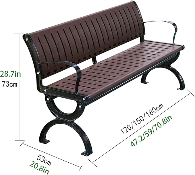 Outdoor Bench, Garden Bench, Metal Bench with Wide Armrests and Backrest, All-Weather Patio Bench for Garden, Porch, Backyard and Park, Easy Installation,Bench Chair(180cm/70.8in)