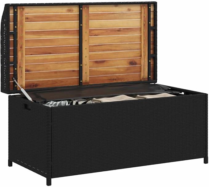 Outdoor Storage Bench 39.4 in Black Wicker Patio Seating for Garden Deck Balcony Front Porch Furniture Waterproof for Pillows & Garden Tools