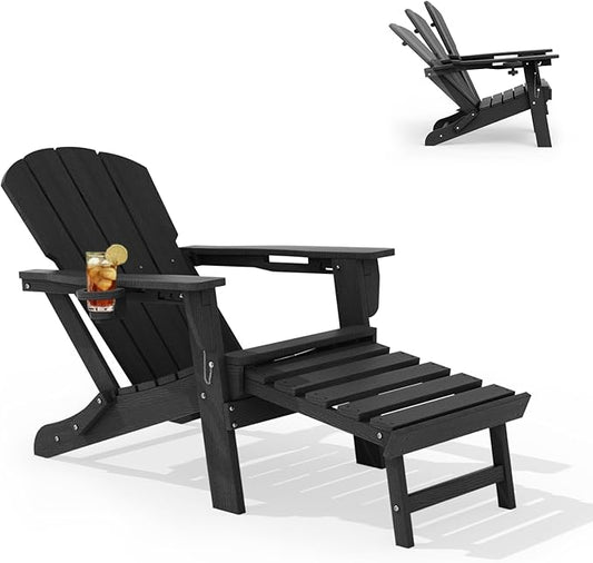 LOUNZY Folding Adjustable Adirondack Chair with Retractable Ottoman, HDPE Recliner Adirondack Chair with Cup Holder for Deck Lawn Fire Pit,Black