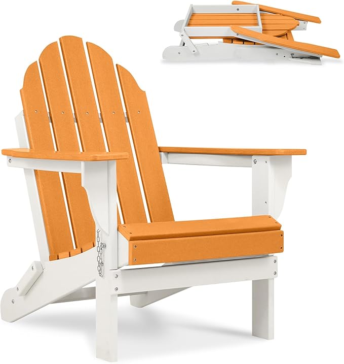 Aoodor HDPE Outdoor All-Weather Folding Adirondack Chair for Patio, Garden, Backyard, Lawn, Fire Pit, Orange