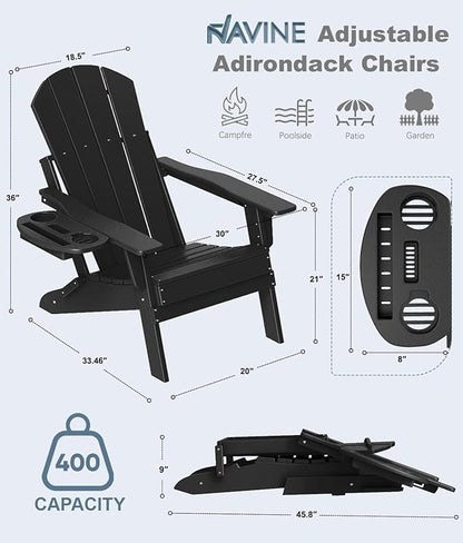 Adjustable Adirondack Chair Set of 8 with Cup Holder, All Weather HDPE Fire Pit Chairs for Deck, Backyard, Patio, Black