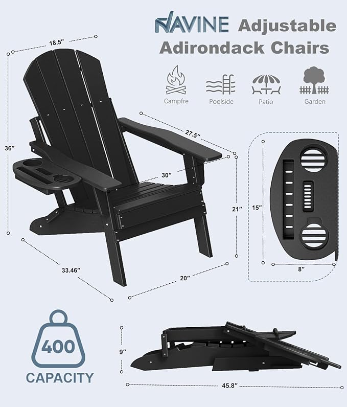 Adjustable Adirondack Chair Set of 6 with Cup Holder, All Weather HDPE Fire Pit Chairs for Deck, Backyard, Patio, Black - Photo 2