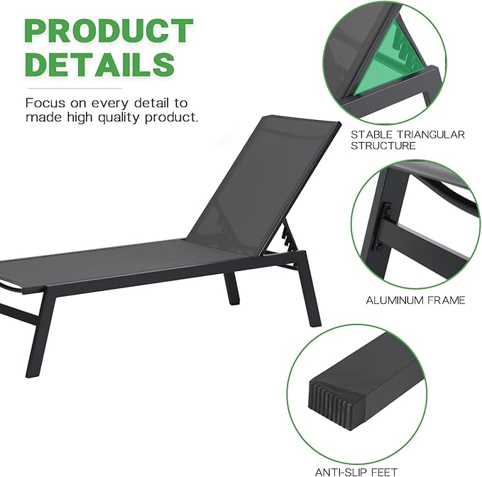 Outdoor Patio Chaise Lounges Set of 2, Sun Lounge Chairs w/Headrest, Sunbathing Recliner w/5 Adjustable Backrest - Photo 4
