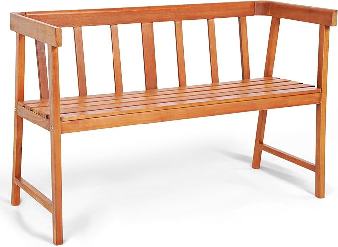 HAPPYGRILL Outdoor Wood Bench 2-Person Patio Wooden Bench with Ergonomic Backrest & Armrests, All-Weather Eucalyptus Wood Frame, Loveseat Outside Bench for Garden Balcony Poolside Porch Deck