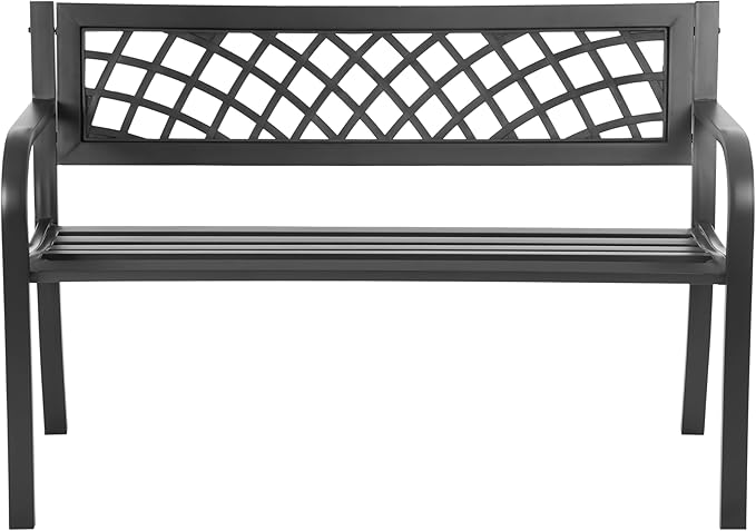24/7 Shop at Home Lance 46 Inch Modern Metal Outdoor Bench with Back, All Weather Resistant and Non-Slip Footrest, Front Porch Furniture for Yard, Lawn, Park, Patio, Garden Chair, Black