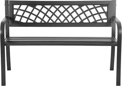 24/7 Shop at Home Lance 46 Inch Modern Metal Outdoor Bench with Back, All Weather Resistant and Non-Slip Footrest, Front Porch Furniture for Yard, Lawn, Park, Patio, Garden Chair, Black