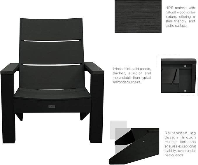 Adirondack Chair, All-Weather HIPS Plastic Outdoor Sitting for Patio, Fire Pit, Garden (Modern Black)
