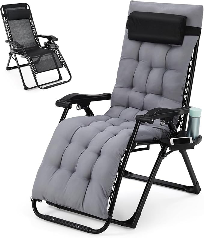 Zero Lounge Chair Supports 440 Lbs, Indoor/Outdoor Adjustable Folding Recliner with 33 Inch Seat, Removable Cup Holder & Headrest Grey