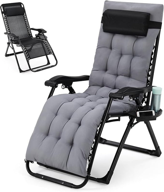 Zero Lounge Chair Supports 440 Lbs, Indoor/Outdoor Adjustable Folding Recliner with 33 Inch Seat, Removable Cup Holder & Headrest Grey