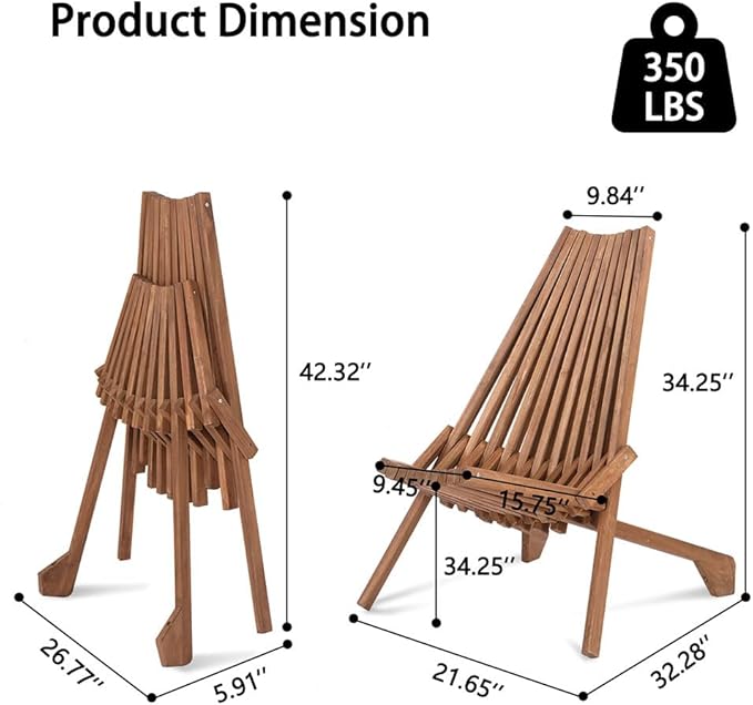 Acacia Wood Folding Adirondack Chair, Low Profile Wooden Outdoor Lounge Chair for Patio Porch Garden Balcony Poolside, Portable Foldable Lawn Chair, Natural