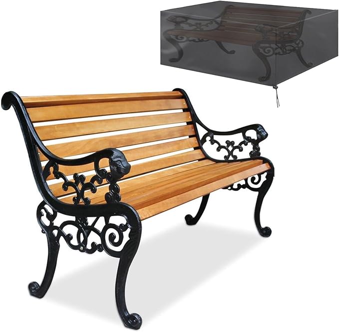 Outdoor Garden Bench with Waterproof Cover, Patio Park Lawn Solid Wood Bench with Cast Iron Frame - Photo 1