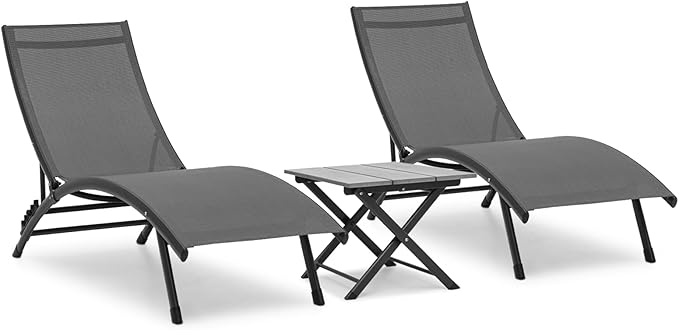 Magshion Outdoor Chaise Lounge Chair Set of 2 with Folding Side Table, Patio Pool Lounger Chairs with 6 Position, Tanning Recliner for Sunbathing, Beach, Deck, Lawn, Yard, Balcony, Poolside, Grey
