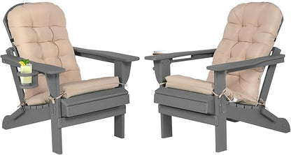 Adirondack Chair Set of 2 with Cushion & Cup Holder, HDPE Folding Adirondack Chairs with Wood-Like Grain Outdoor Fire Pit Chairs for Patio/Porch/Swimming Pool/Camping (Grey)
